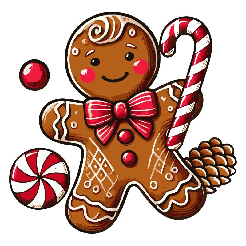 Cheerful gingerbread man with candy cane