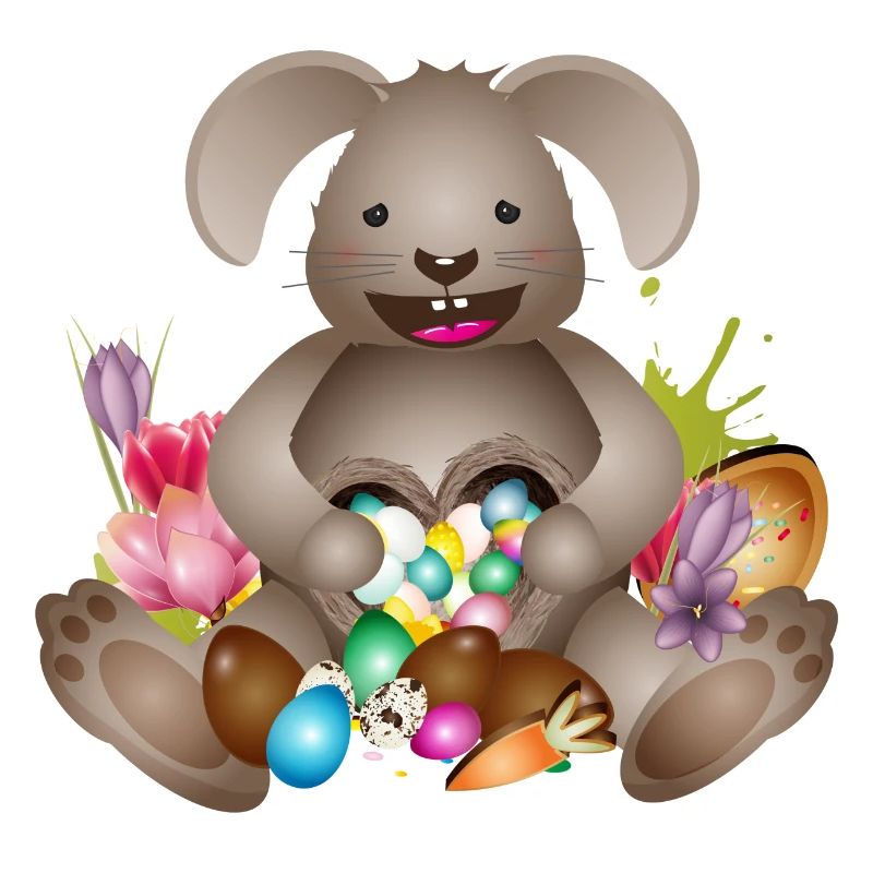 laughing Easter with Easter nest full of Easter eggs