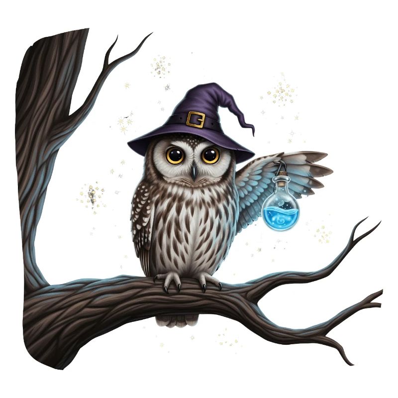 Magic owl with witch hat and magic bottle
