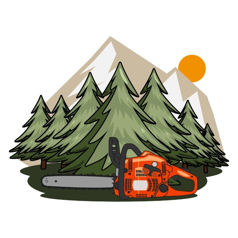 Chainsaw with forest and mountains