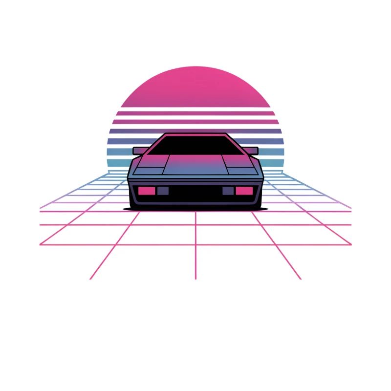 Outrun Car Sunset Synthwave 80s Grid
