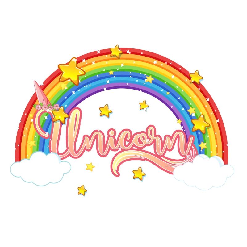 Bunter Regenbogen mit Einhornschriftzug