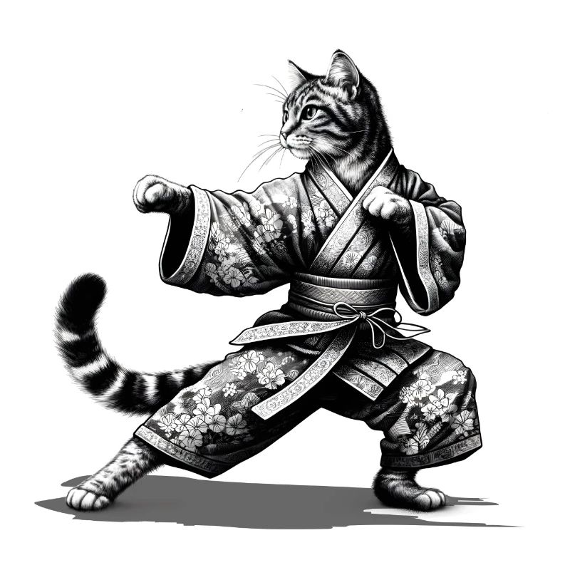 Chat avec kimono en position de combat de kung-fu