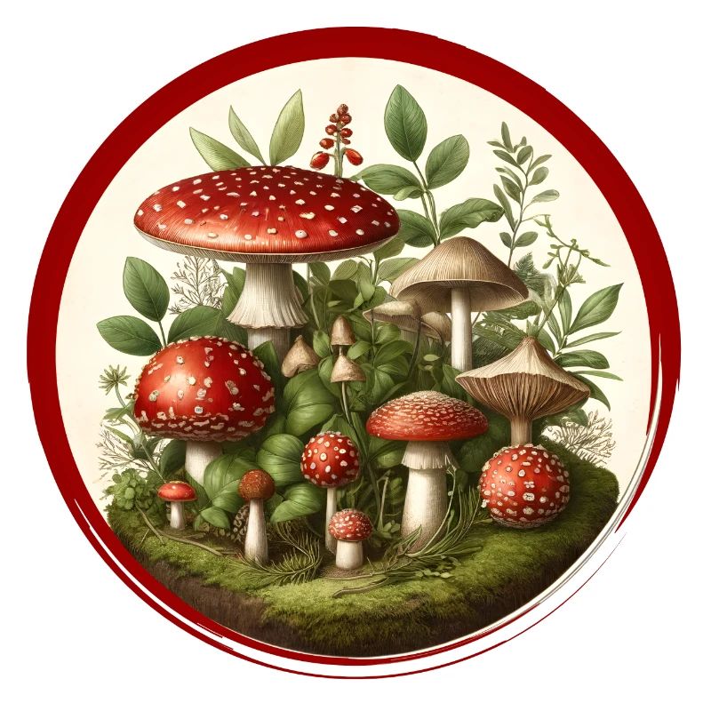 Detailed red toadstools on forest floor