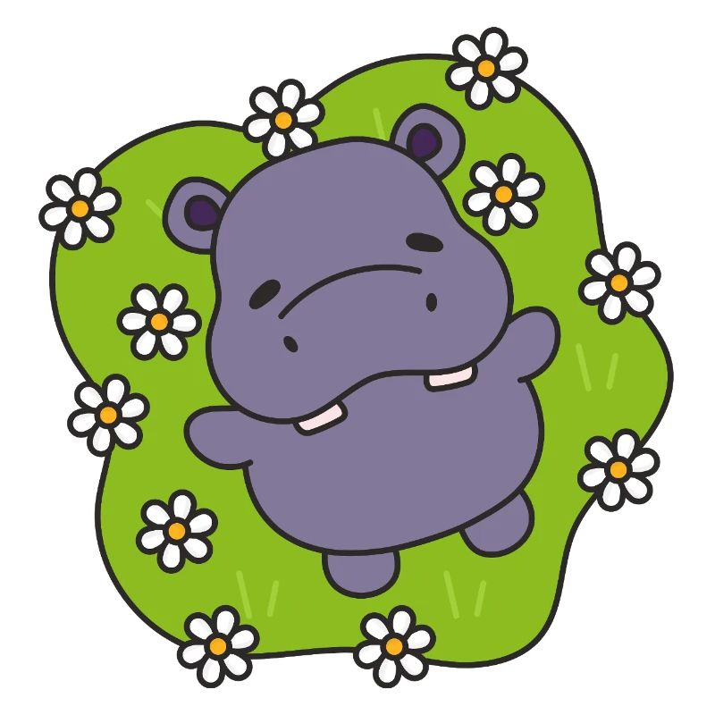 Lila Nilpferd auf blühendem Gras