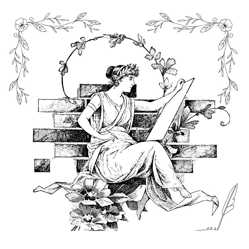 A woman reading a scroll, a poet in a garden.