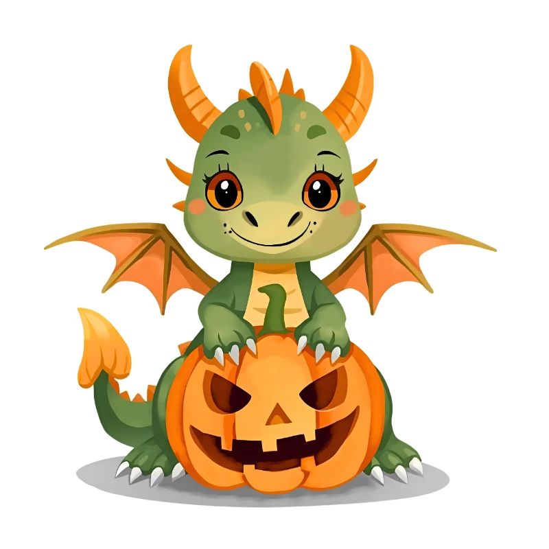 Mignon dragon vert avec citrouille d’Halloween