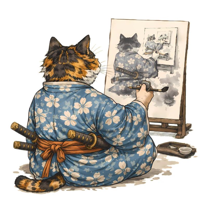 Peinture du chat samouraï : Sumi-e Ukiyo-e Art