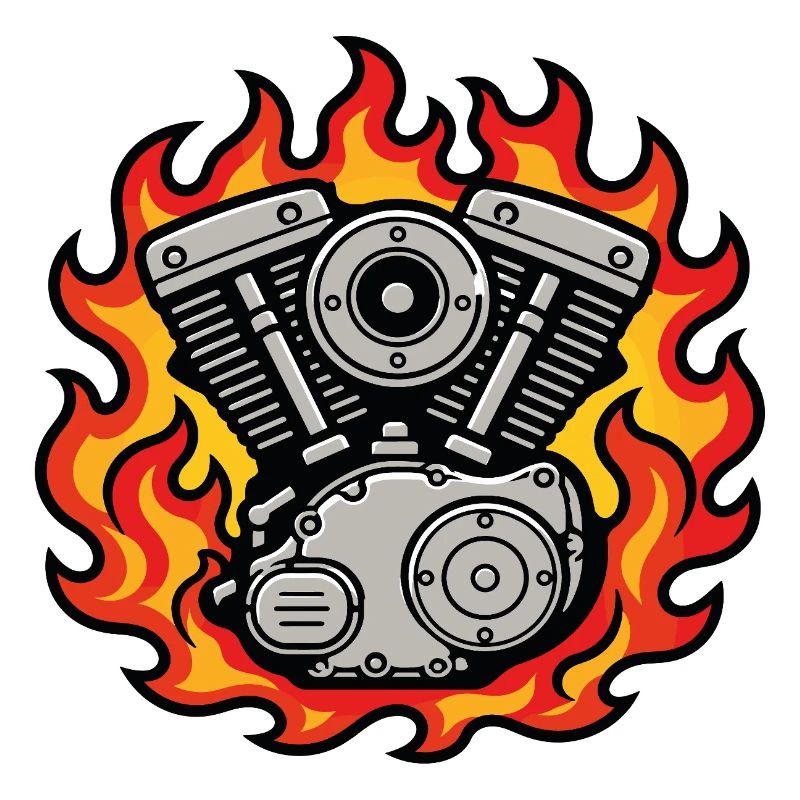 Vintage motorcycle engine in flames