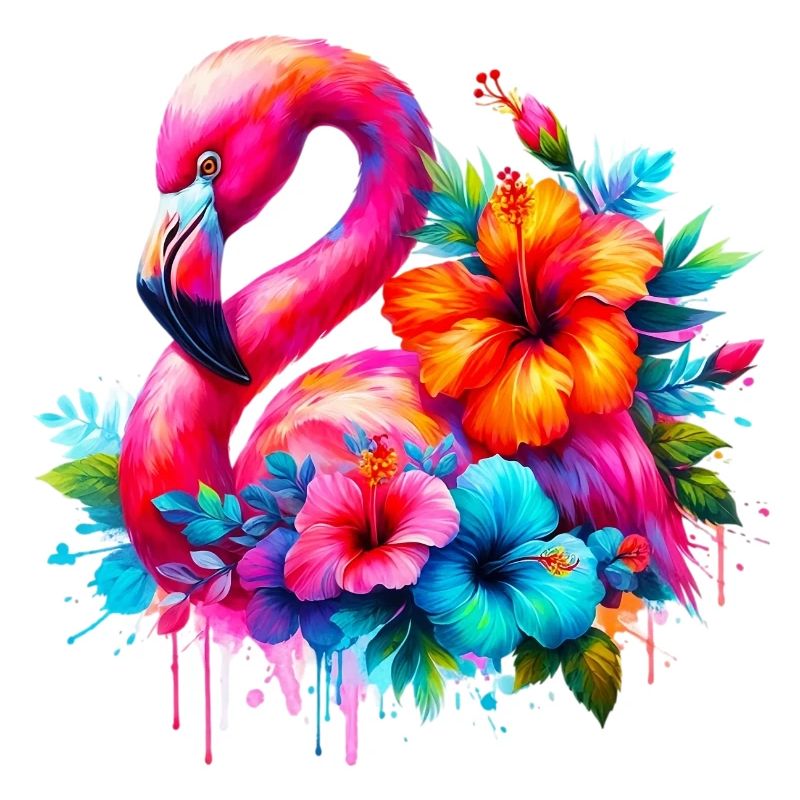 Flamant rose décoré de fleurs d’hibiscus