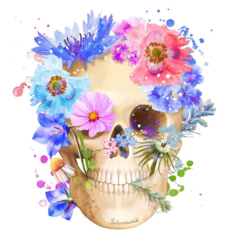 Farbenfroher Schädel mit Blumen Mohn
