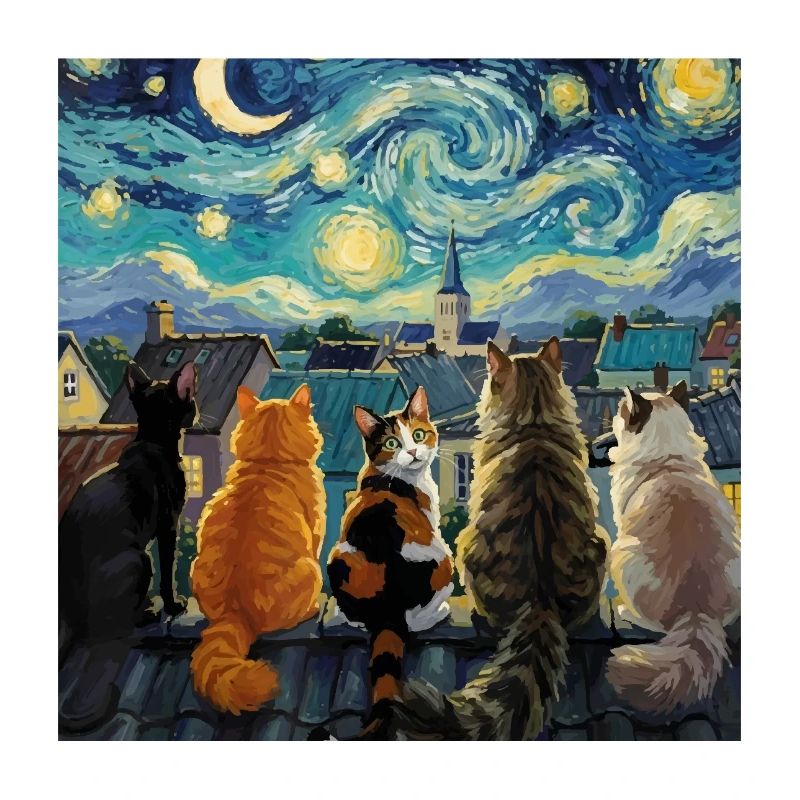Cat Symphony Over Starry Rooftops