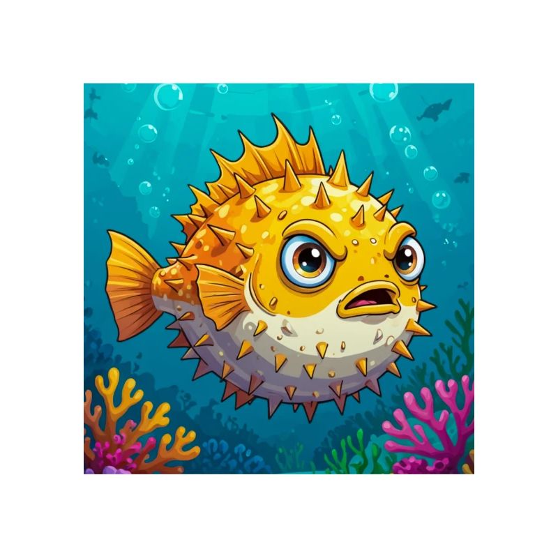 Poisson-globe de style bande dessinée, corps rond et hérissé