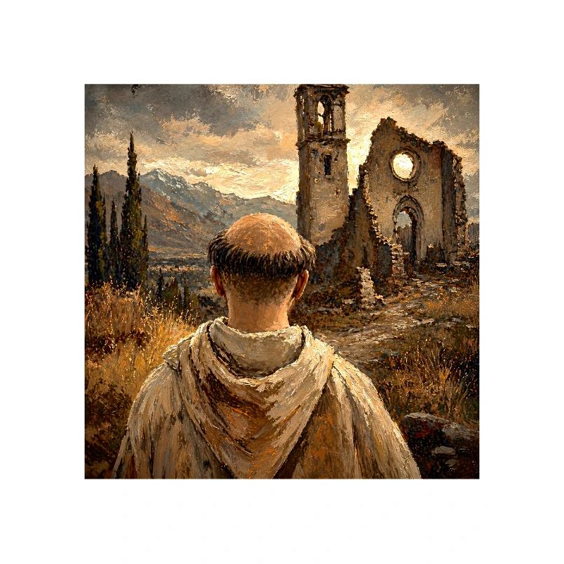 Moine devant les ruines au coucher du soleil