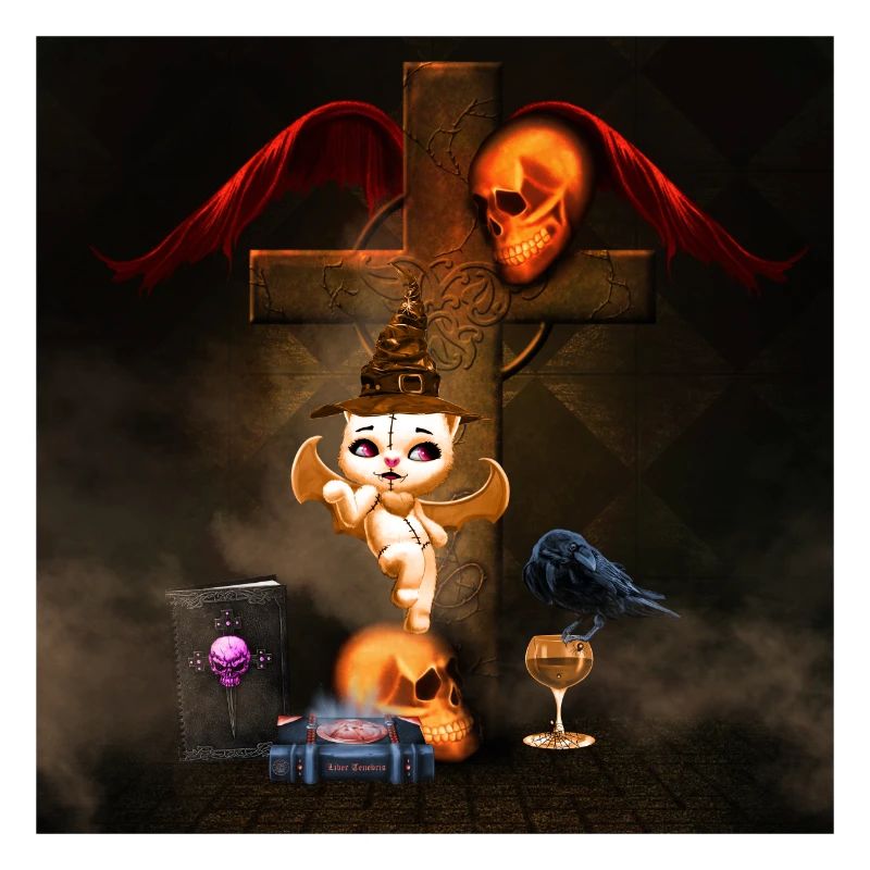 Scène macabre avec chat enchanté