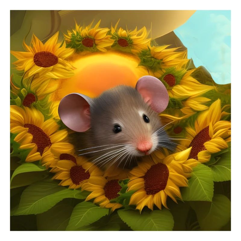 Mouse among sunflowers