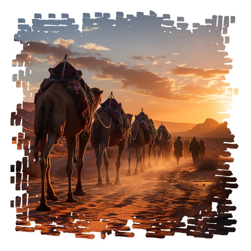 A camel caravan in the desert
