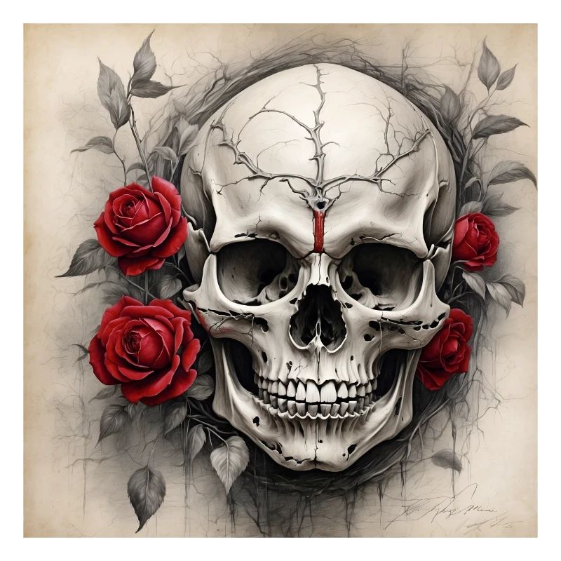 Weathered Pale Skull with Red Roses