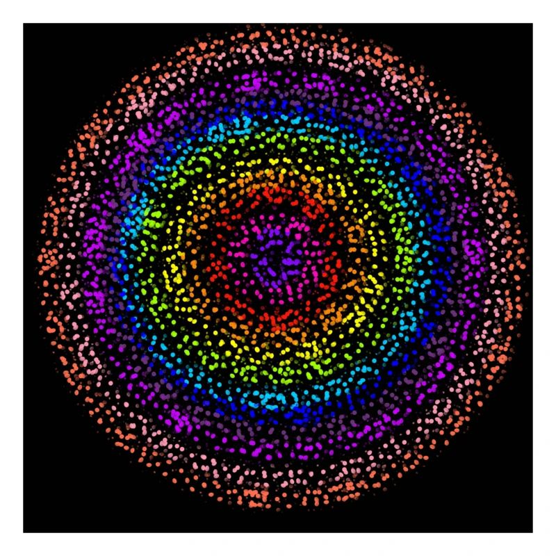 Cercles concentriques de points arc-en-ciel
