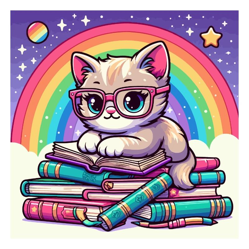 Süße Katze liest Bücher unter dem Regenbogen