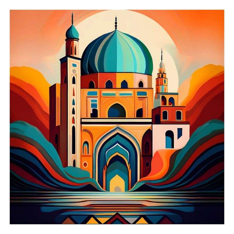Artistic Mosque Under Sunset: Bold Islamic Design