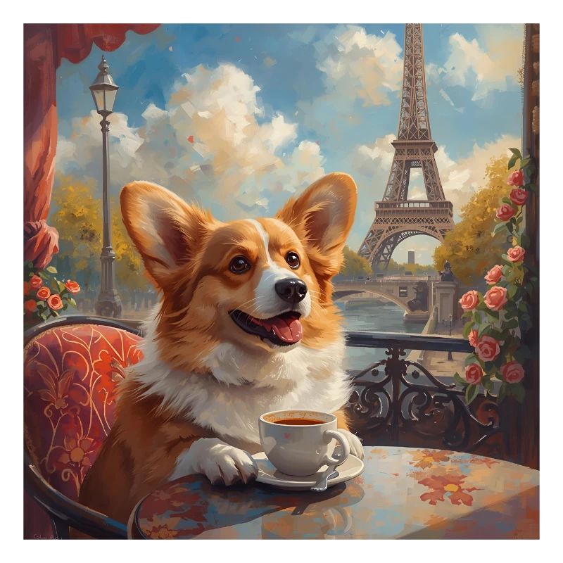 Corgi buvant du café devant la Tour Eiffel à Paris