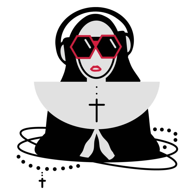 Nonne mit Sonnenbrille und Kopfhörer