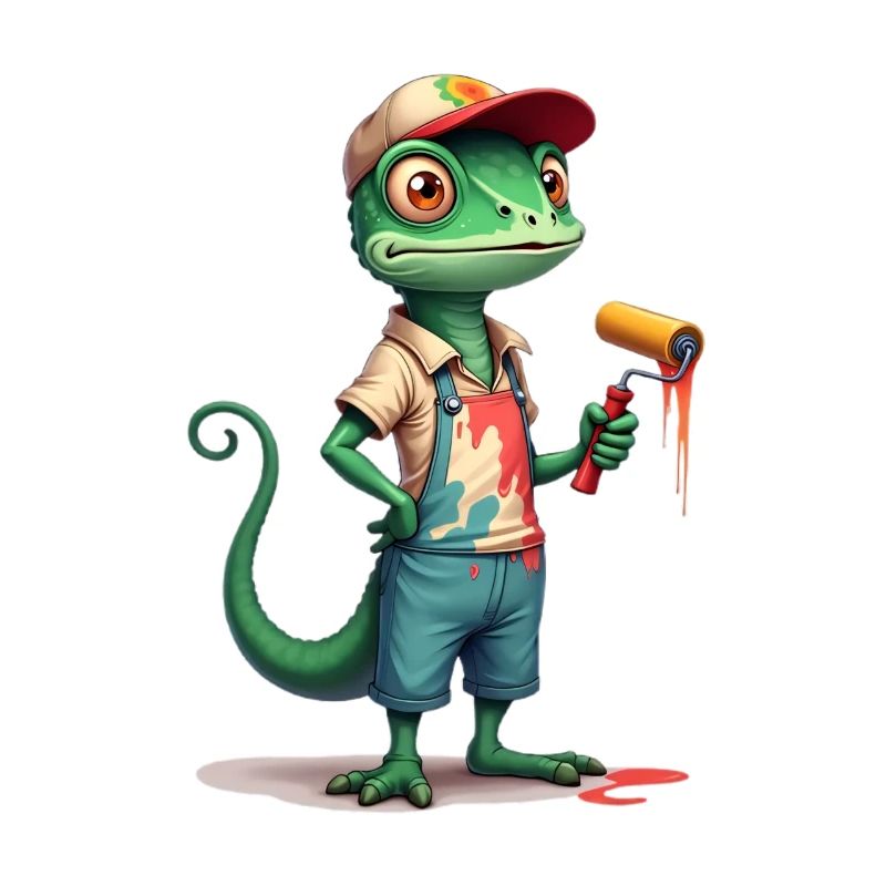 Chameleon painter cartoon with paint roller