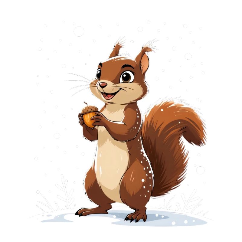 Winterliches Eichhörnchen mit Eichel