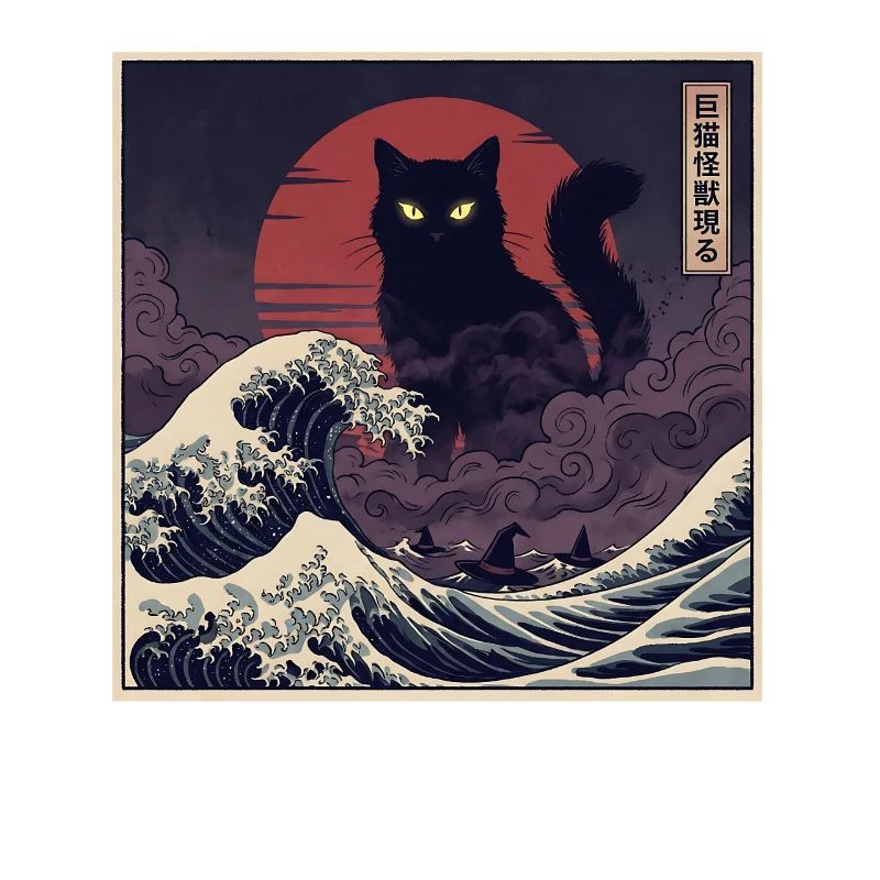 Un chat Kaiju géant au-dessus des vagues 巨猫怪獣現る