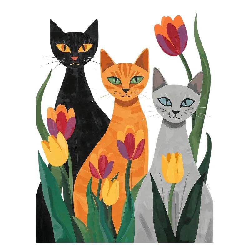 Three stylized cats: black, gray, orange