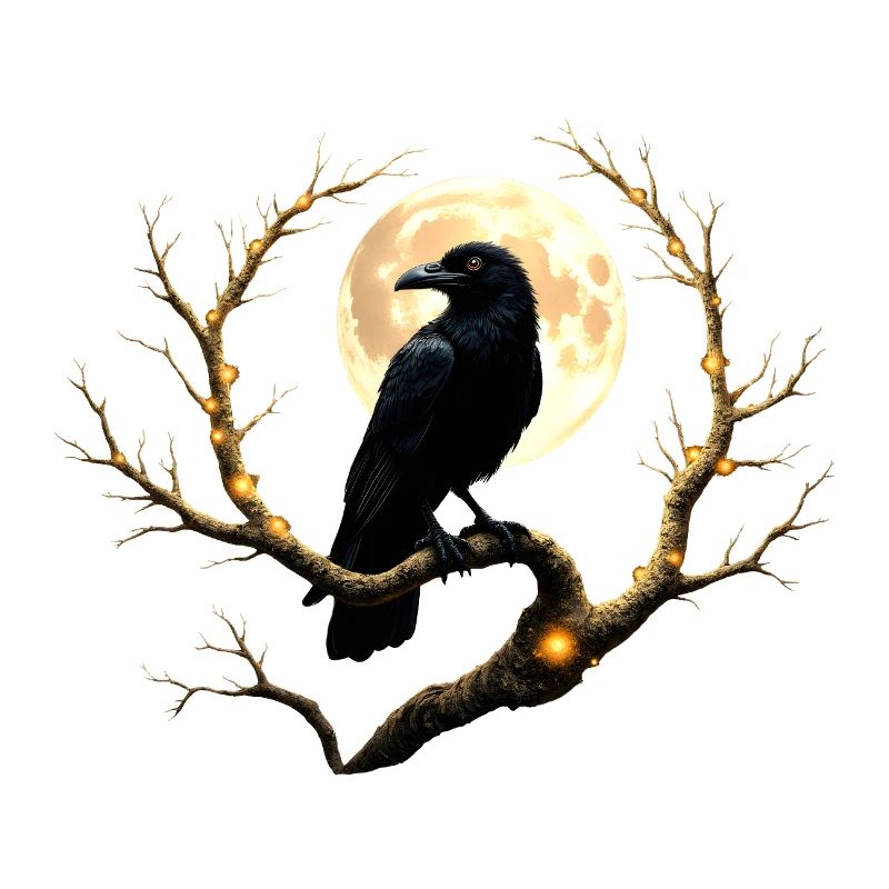 Night Crow Under Full Moon