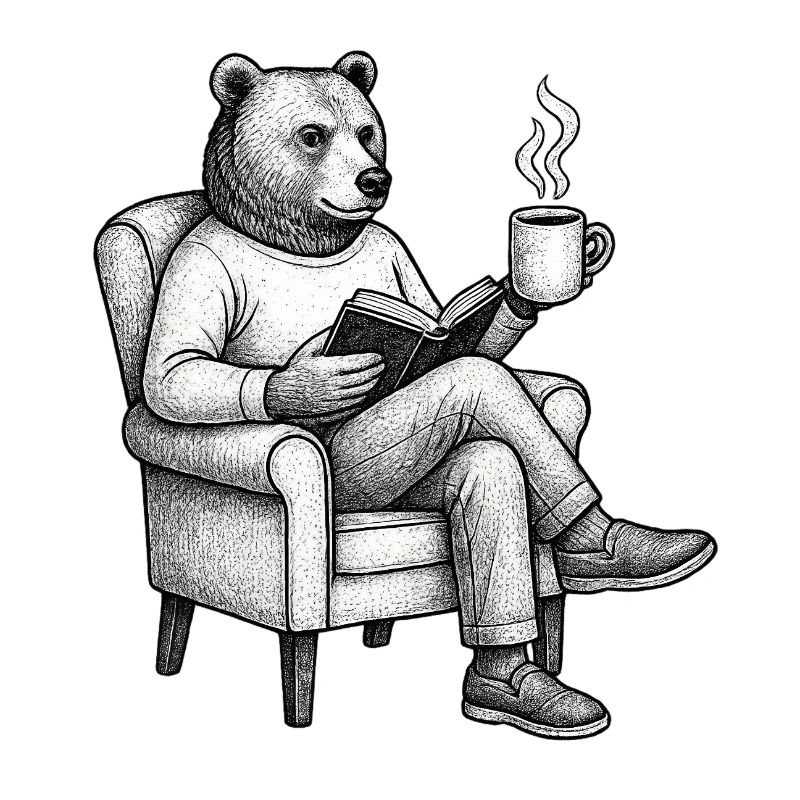 Bear Reader with Book and Mug