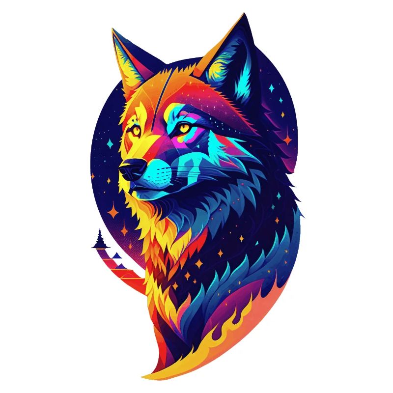 Loup dans la nuit - Décor Multicolore
