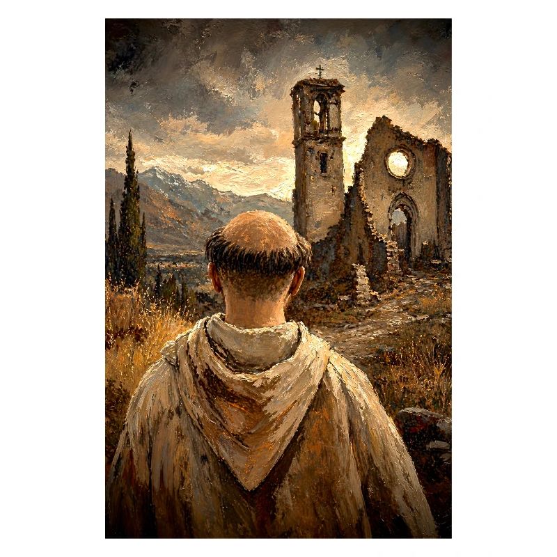 Moine devant les ruines au coucher du soleil