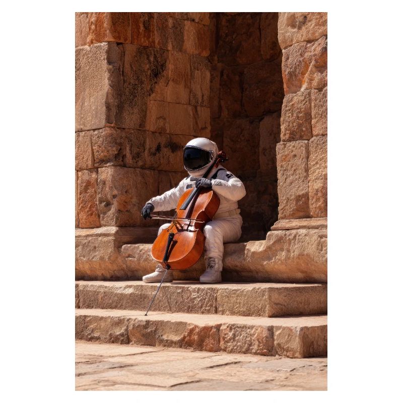 Un astronaute jouant du violoncelle dans des ruines antiques