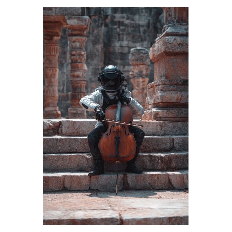 Astronaute cosmique jouant du violoncelle