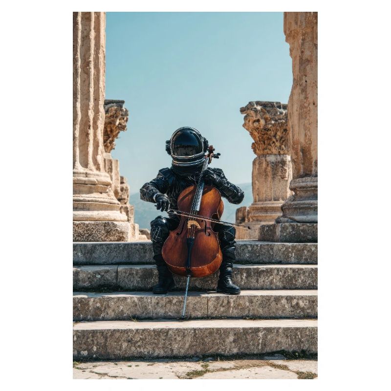 Cosmic Astronaut Playing Cello Amid Ruins