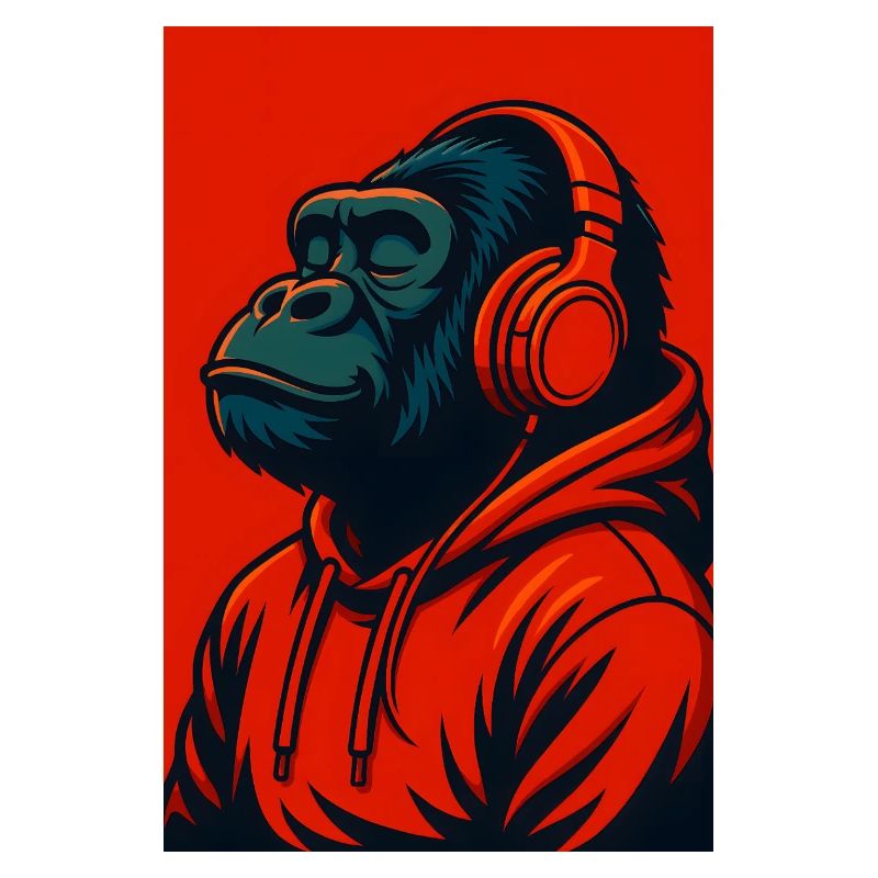 Gorilla im Kapuzenpullover mit Kopfhörern