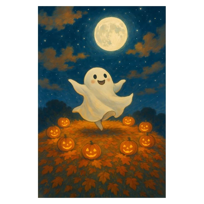 Moonlit Ghost Among Pumpkins