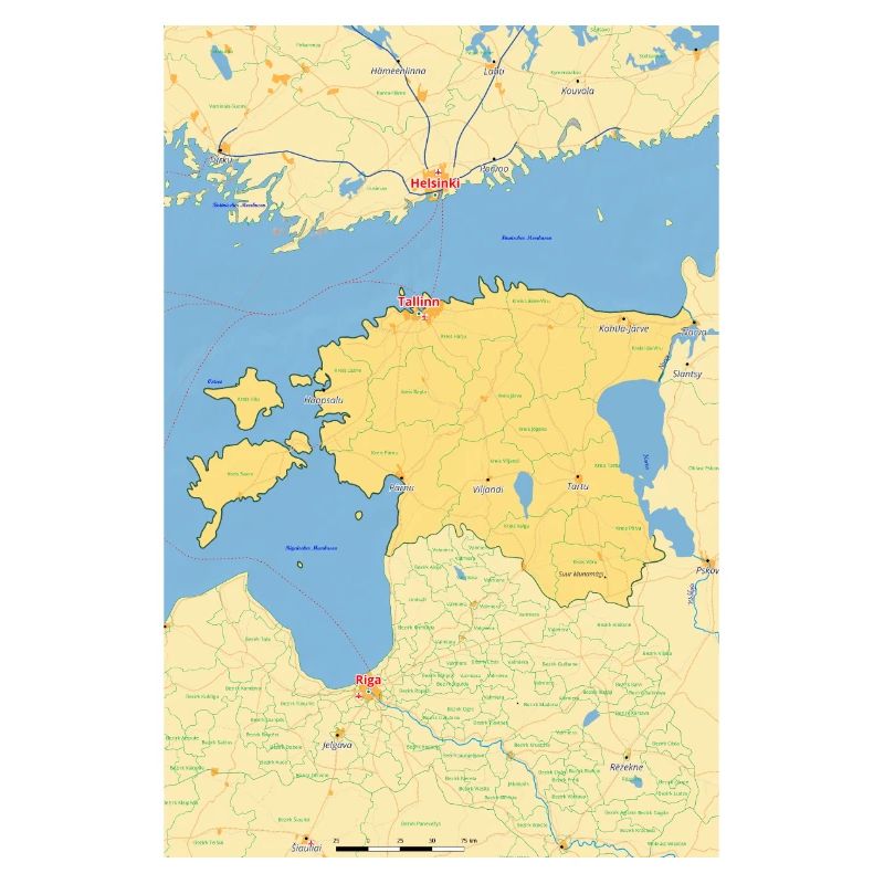 Estland kort med byer, veje, floder, søer