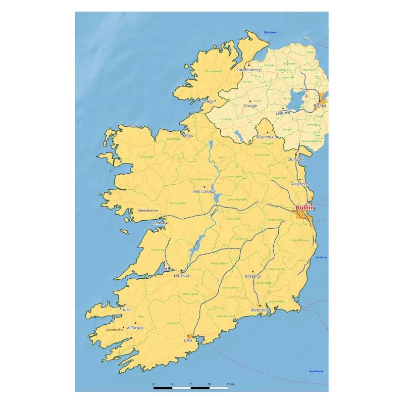 Irland kort med byer, veje, floder, søer
