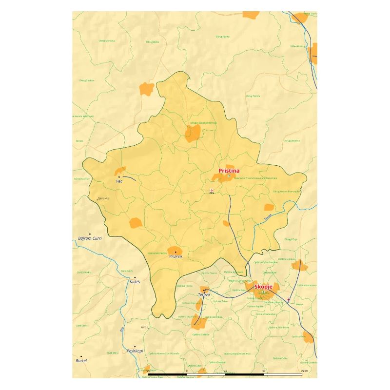 Kosovo kort med byer, veje, floder, søer