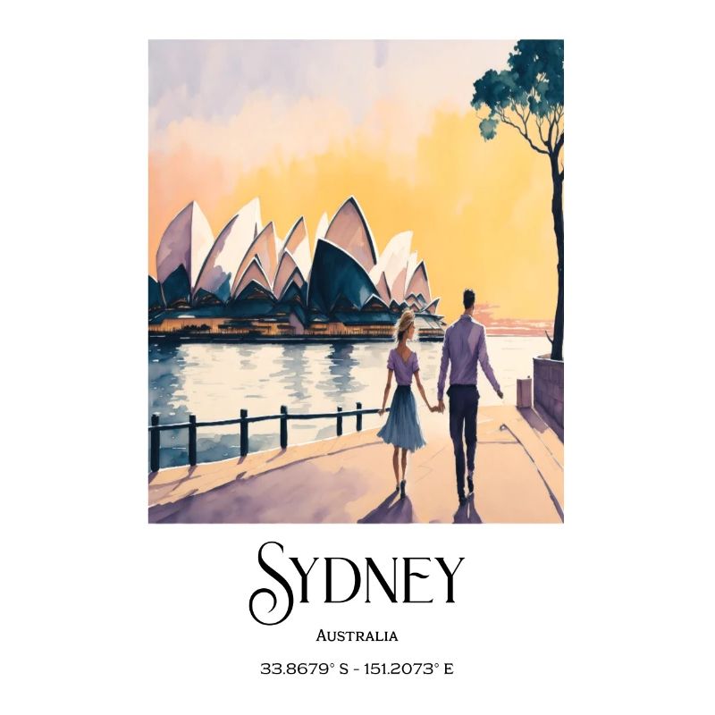 Watercolor Sydney Lovers Harbor Opera House Sunset