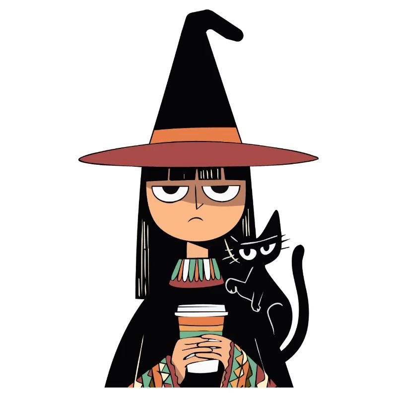 Grumpy Witch with Coffee and Black Cat – Halloween