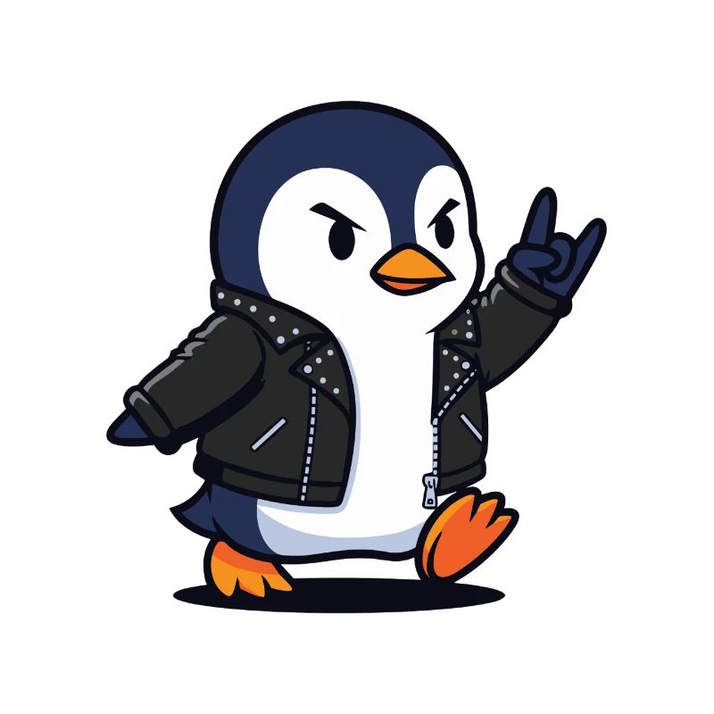 Rocker Penguin in Leather Jacket Giving Devil Horn