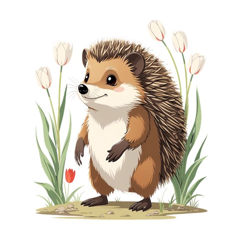 Hérisson dans le parterre de tulipes
