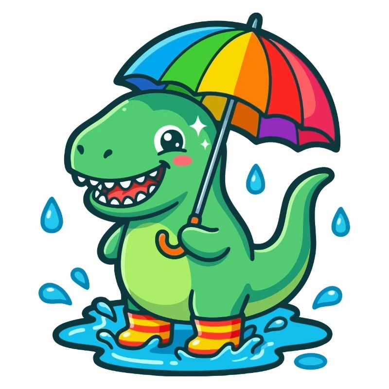 Dino mit buntem Regenbogenschirm