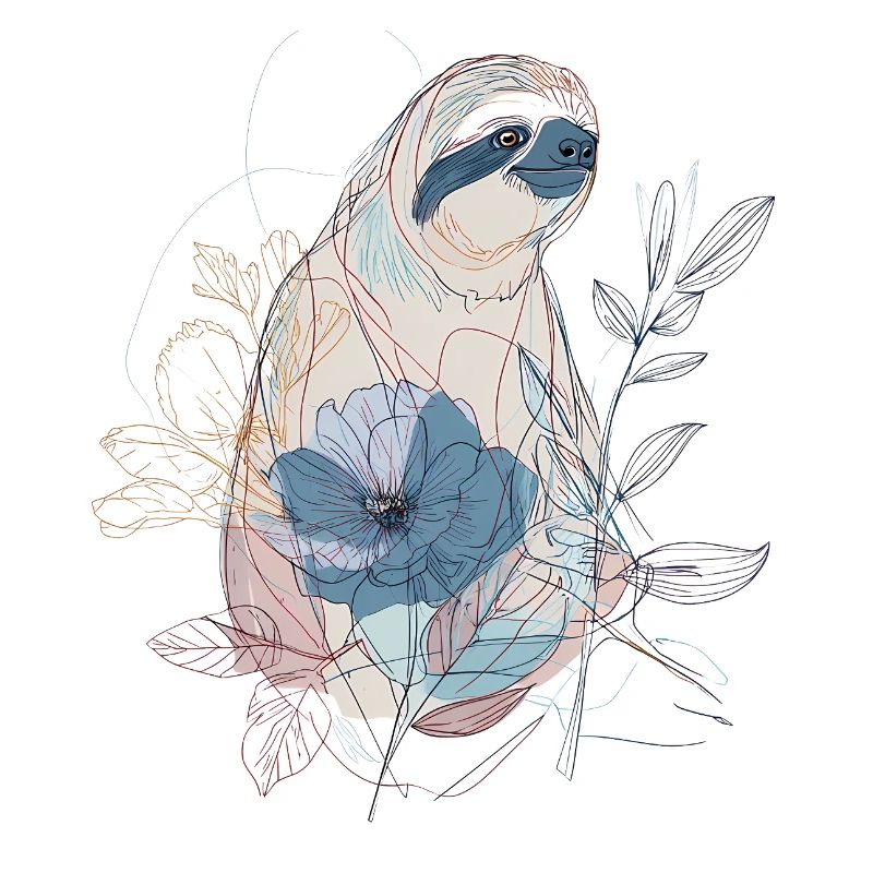 Lineart Sloth with Blue Blossom – Boho Style