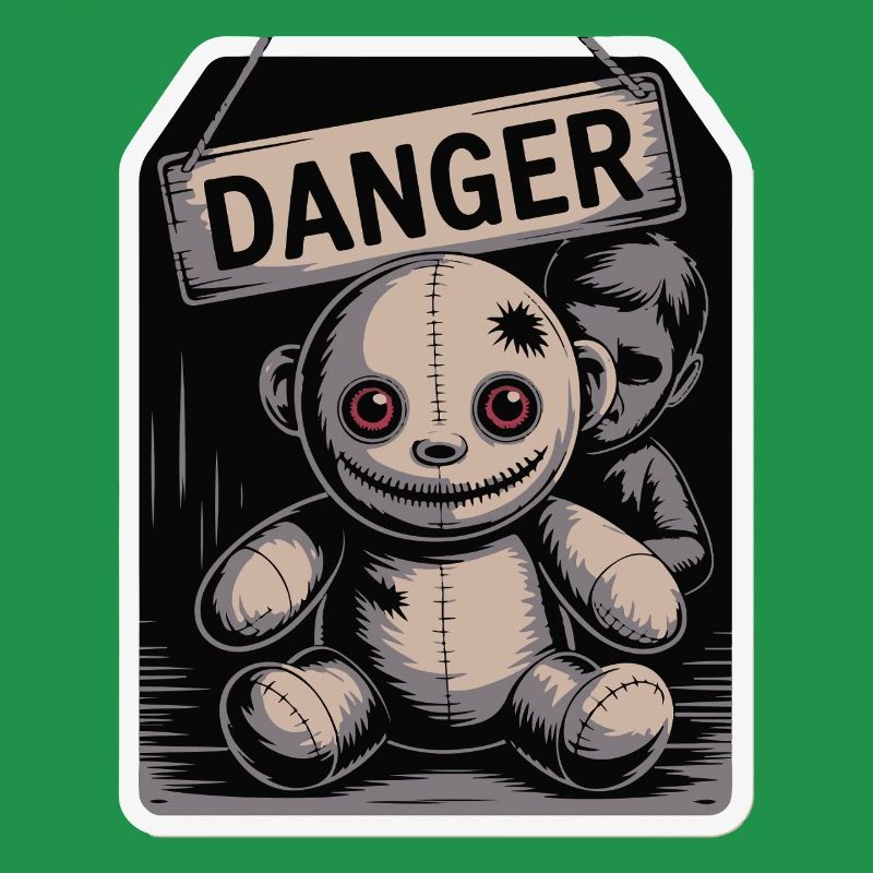 Poupée étrange avec un panneau de danger